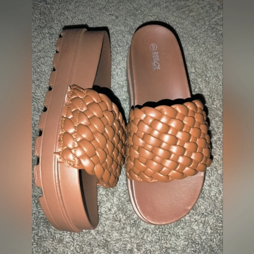 Rouge (Size 9) Camel Brown Faux Leather Braided Weave Platform Slip-on Sandals